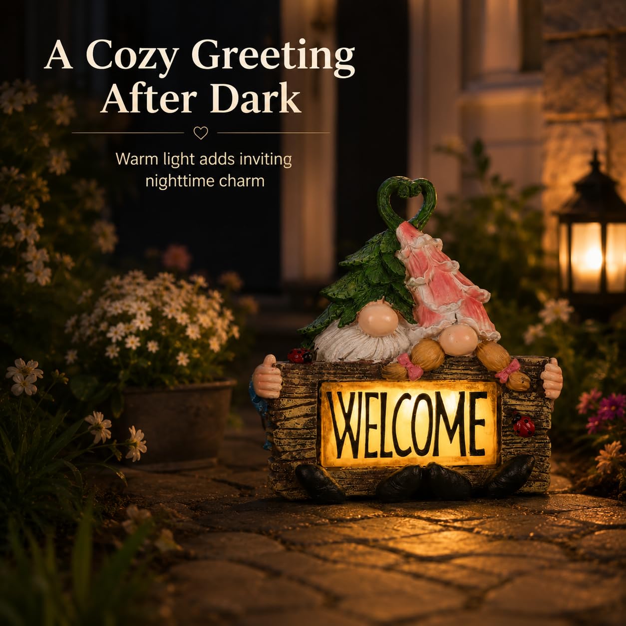 Garden Gnome Statue with LED Lights,7.5 Inch Resin Couple Gnome Figurine with Heart Topper & Welcome Sign,Outdoor Garden Decor for Patio,Lawn,Yard,Ideal Gift for Garden & Gnome Lovers (Green)