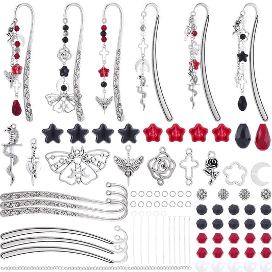 SUNNYCLUE 1 Box DIY 6 Sets Bookmark Kit Gothic Bookmarks Halloween Beaded Book Markers Red Black Rose Flower Charm Cross Skull Moth Charms Vintage Metal Book Mark Hooks for Crafting Reading Gift