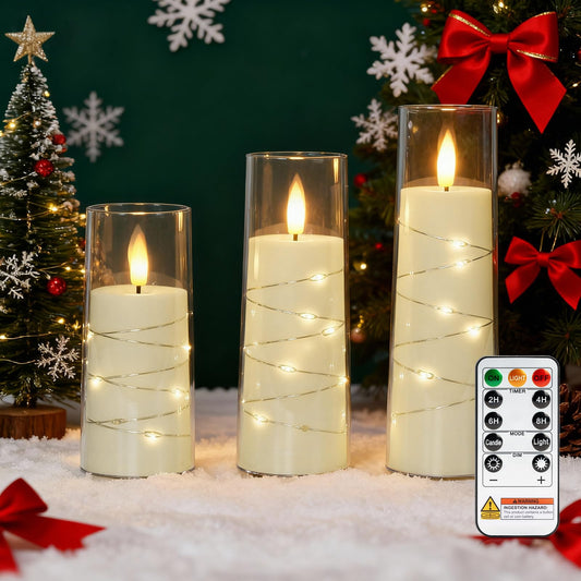 Raycare Flameless Candle with Remote Timer, 3 Flickering Acrylic Battery Operated LED Pillar Candles with Embedded Star String for Christmas, Wedding, Home Table Decor, and as a Gift (Ivory White)