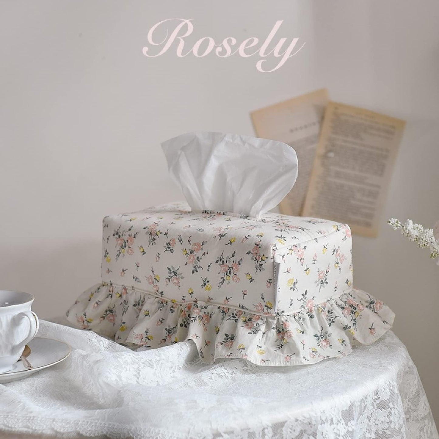 Rose Flower Home Living Rectangle Premium Cotton Tissue Box Cover with Lace, Well-Stitched House Decoration Refill Holder, Facial Paper Dispenser for Bathroom, Livingroom, Bedroom, Made in Korea