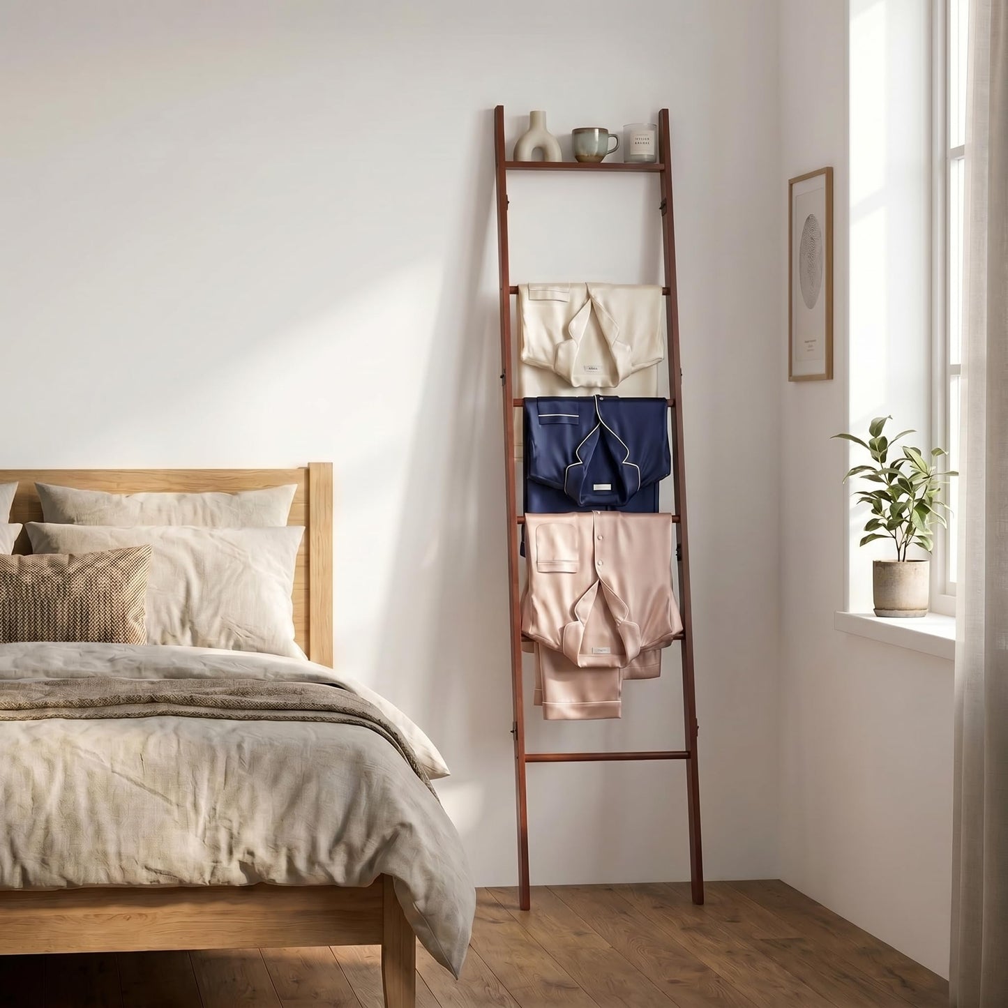 Plusinthebox 6 Tier Brown Blanket Ladder with Shelf, Wooden Blanket Rack for Living Room, Leaning Towel Ladder Rack for Bedroom, Bathroom, Quilts, Throws, Towels and Farmhouse Décor