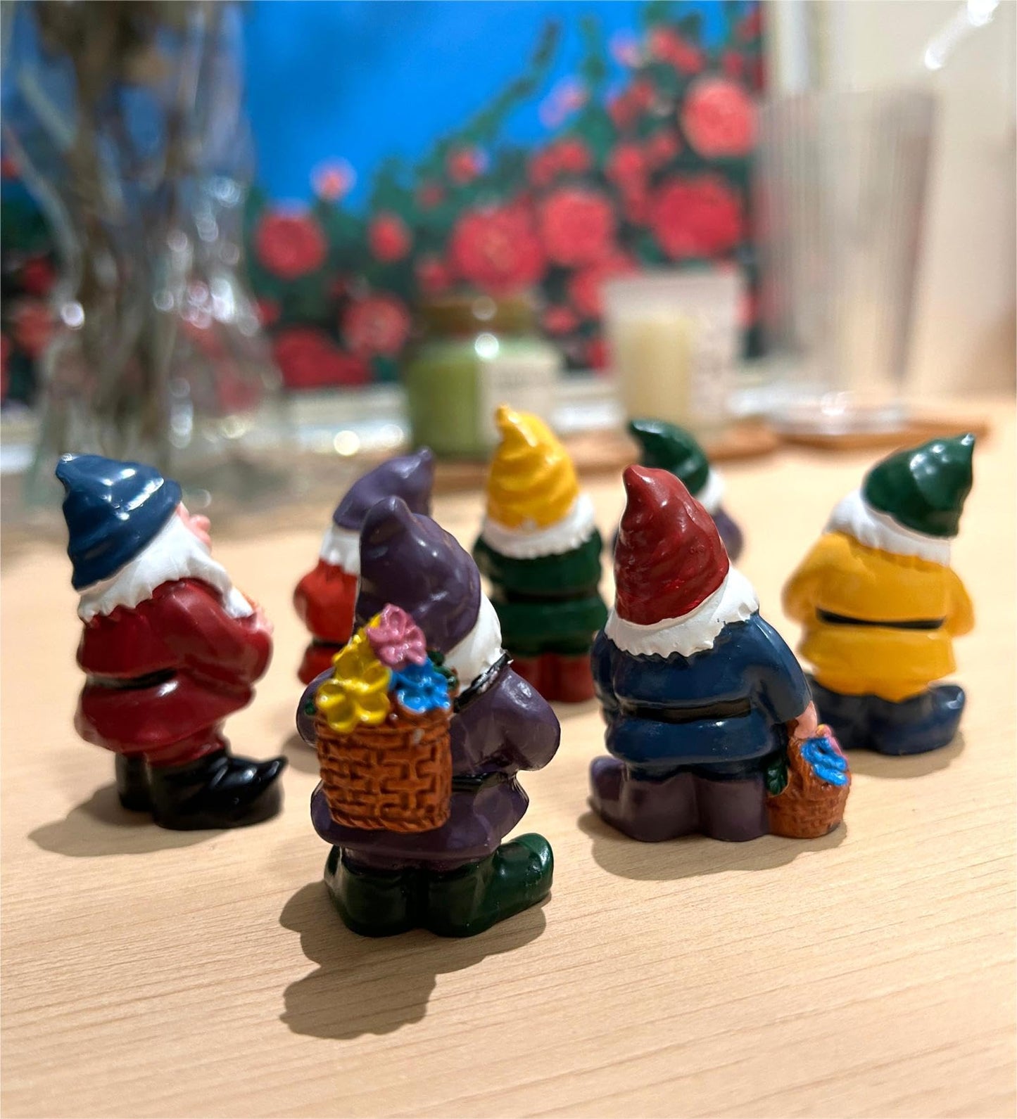 Eysinyge Set of 7 Mini Garden Gnomes, Tiny Gnome Figurines for Miniature Fairy Garden Decor, Plant Pot Decorations, Dashboard Ornaments