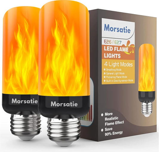 Morsatie LED Flame Light Bulbs【Upgraded】, 4 Modes Flickering Light Bulbs with Gravity Sensor, E26 Fire Light Bulb for Halloween, Christmas, Party, Porch, Patio, Indoor Outdoor Decorations - 2 Pack