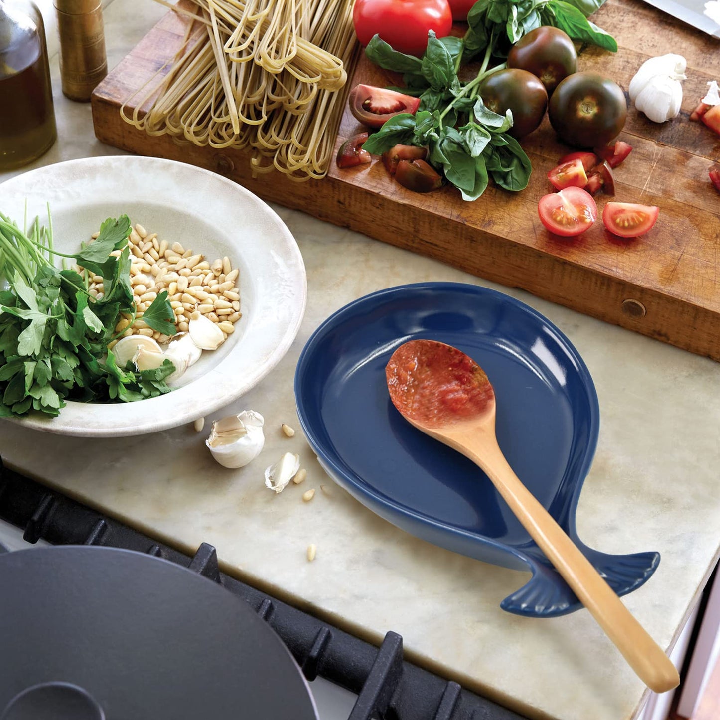 Ceramic Spoon Rest for Kitchen with Wooden Spoon, Whale Shape, Navy, 4.8W X 7.8L