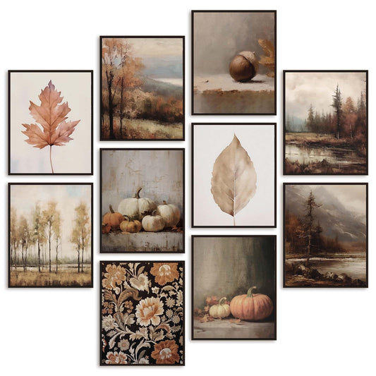 Whaline 10Pcs Fall Vintage Wall Art Prints Retro Autumn Scenery Paper Posters Rustic Aesthetic Picture Decoration for Thanksgiving Gallery Living Room Office, 11 x 14 Inch, Unframed