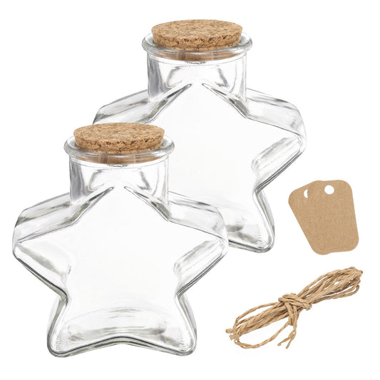 uxcell 2 Pcs 12 oz/400ML Star Shaped Glass Jars With Cork Stoppers, Clear Message Wishing Bottle with Twine and Blank Tags for Halloween Decorations, Wedding Shower Favors