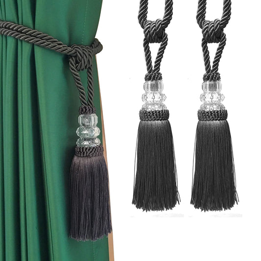Fenghuangwu Tassel Curtain Tiebacks Handmade Curtain Tie Backs, Elegant Crystal Curtain Holdbacks for Home Office Decor (Charcoal, 2P)