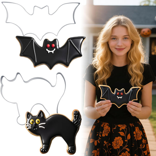 Teenyyou 2 Pcs Extra Large 8" Halloween Cookie Cutters Including Scared Cat and Bat Shaped Stainless Steel Mold Cutters for Halloween Holiday Baking