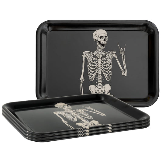 Whaline 3Pcs Halloween Serving Trays Black Skeleton Plastic Platter Serving Dishes Reusable Trays for Party Sharing Snack Fruit Dessert Supplies, 10 x 13 Inch