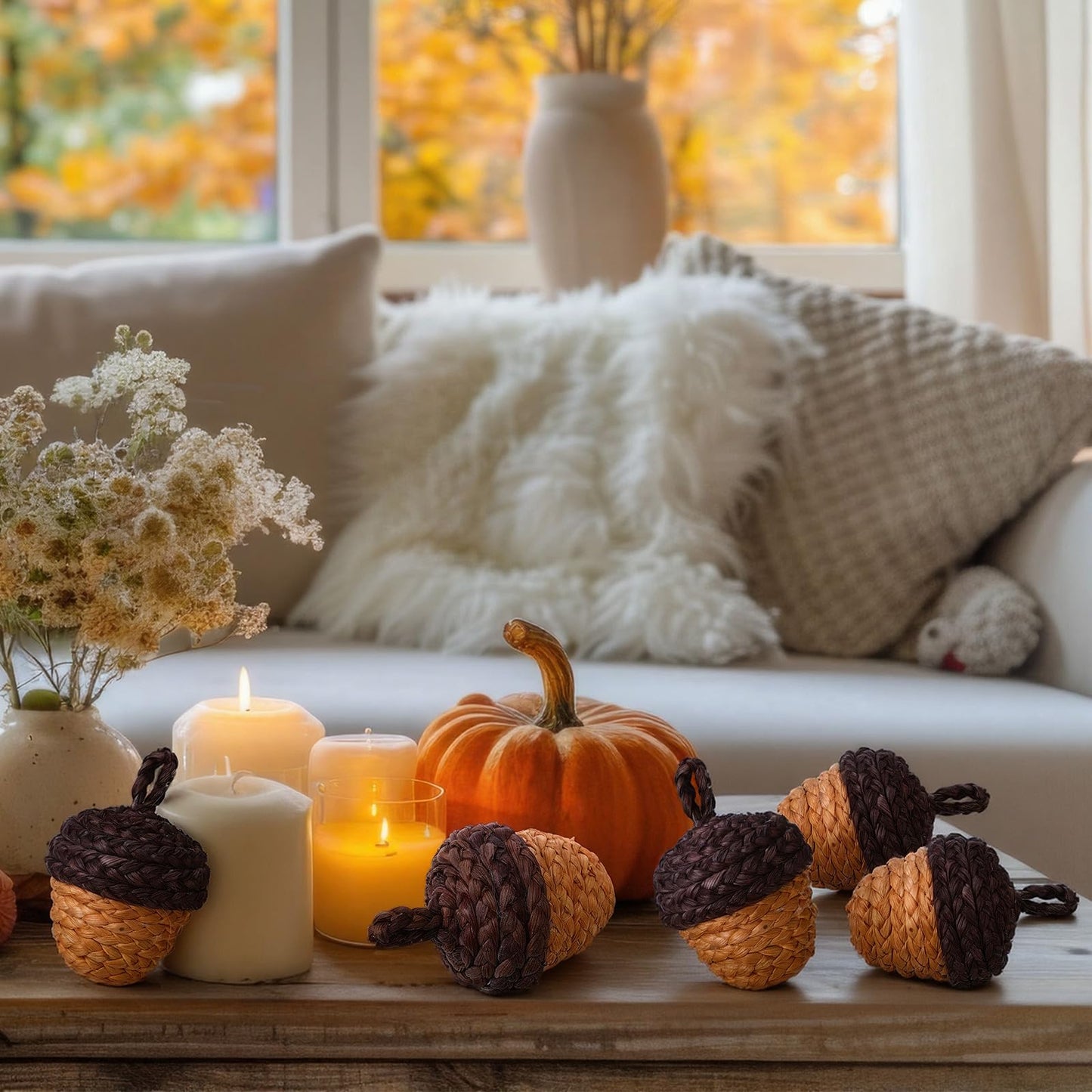 Fuutreo 6 Pcs Fall Rattan Acorn Decor 4 Inch Woven Wicker Corn Husk Artificial Acorn Thanksgiving Table Centerpiece Fall Party Decoration for Rustic Farmhouse Bowl Filler Halloween Autumn Harvest Home