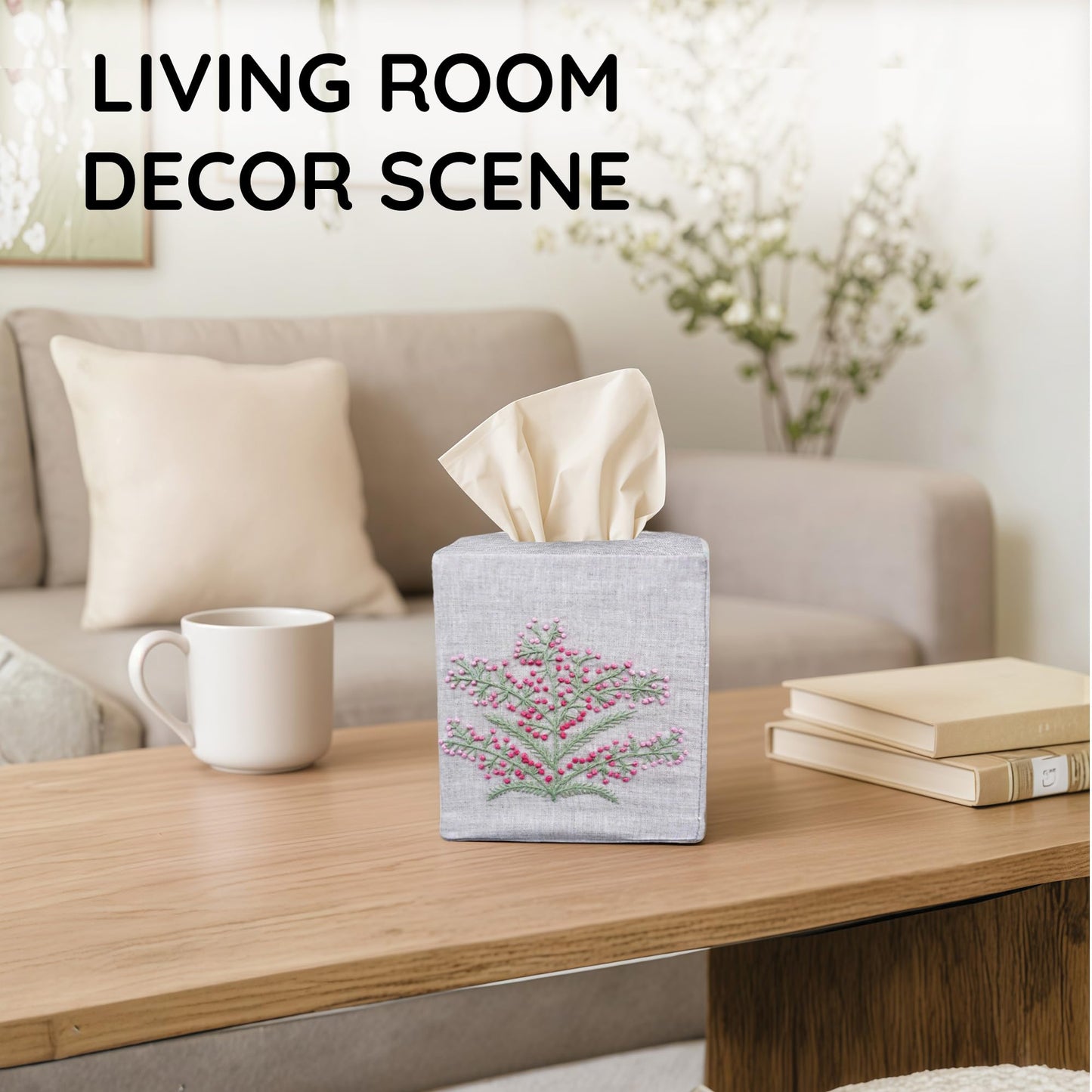 EmbroideryLinen.VN Cloth Tissue Box Cover Cute Set of 2, Square Linen Tissue Holder with French Knot Hand Embroidered Flowers Pattern, Home, Office, Kitchen Decor, 4.5x4.5x5.5 Inches (Grey)