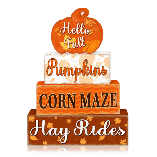 4 Pcs Fall Decorations for Home Thanksgiving Pumpkin Tiered Tray Decor, Fall Table Decor Farmhouse Rustic Wooden Pumpkin Block Sign Autumn Harvest Tabletop Centerpieces for Home Kitchen Indoor