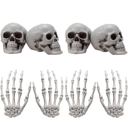 8 Pieces Halloween Decoration Set Includes 4 Halloween Mini Skulls Realistic Looking Skulls and 4 Skeleton Hands Plastic Fake Human Hands for Decoration