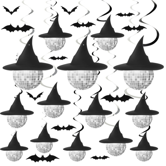 Epakh 48 Pcs Halloween Disco Witch Hats Hanging Swirl Disco Ball Hat Hanging Swirls Ceiling Decoration with Bat for Halloween Party Stage Indoor Outdoor Home Decor