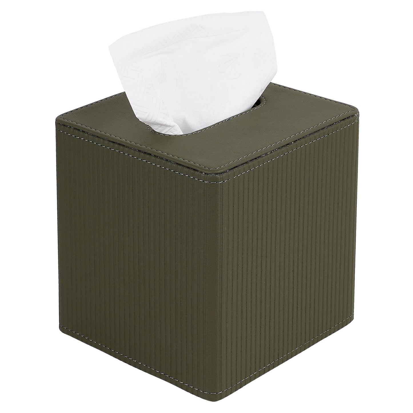 DODAMOUR Elegant Faux Leather Tissue Box Cover, Ribbed Design with Weighted Base & Magnetic Closure - Modern Decor for Bathroom, Bedroom or Office (Olive Green)