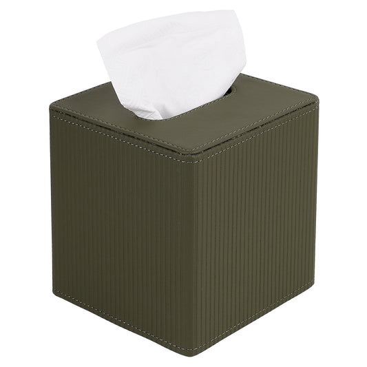 DODAMOUR Elegant Faux Leather Tissue Box Cover, Ribbed Design with Weighted Base & Magnetic Closure - Modern Decor for Bathroom, Bedroom or Office (Olive Green)