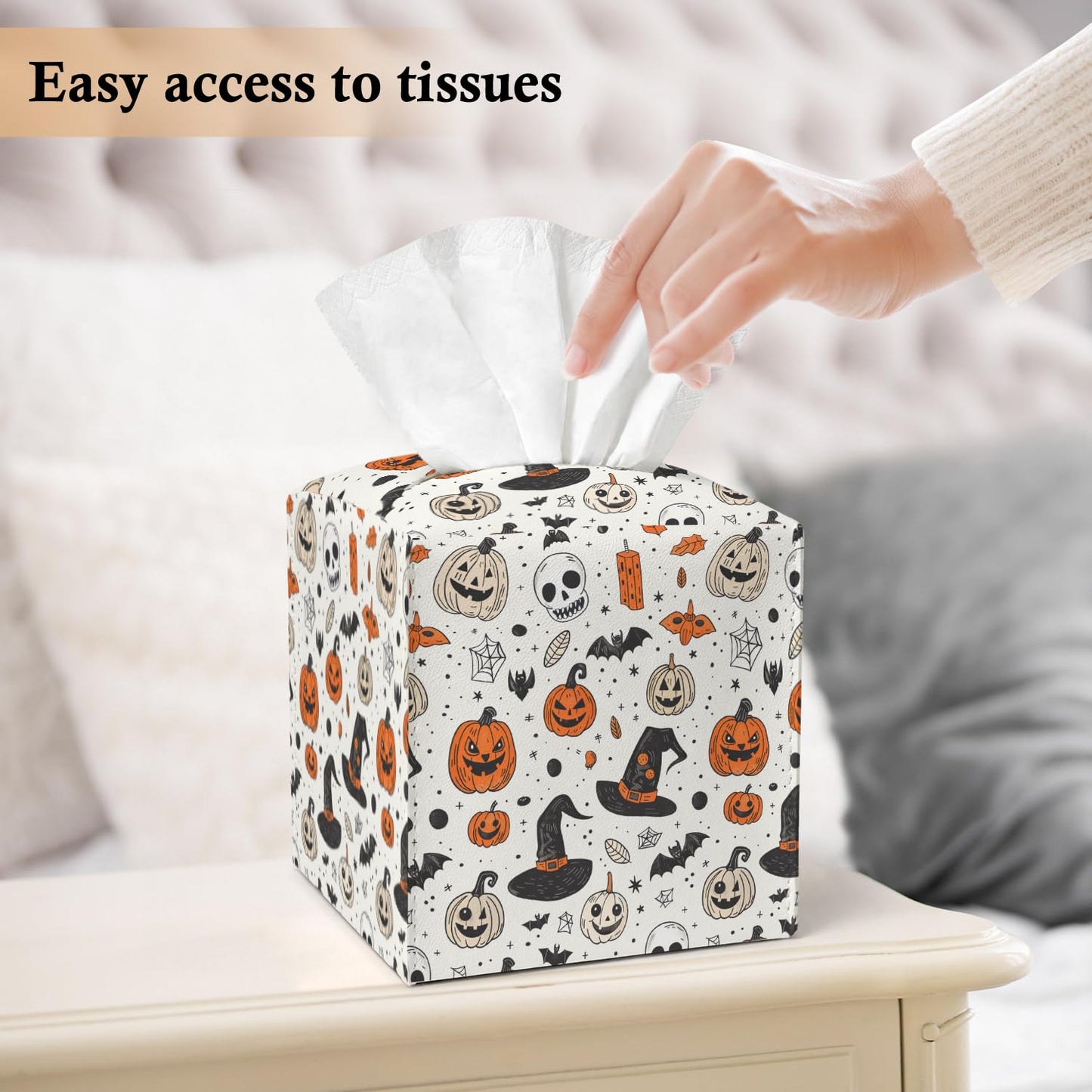 Halloween Spooky Tissue Box Covers Square, Leather Tissue Box Cover Decorative for Home Office Bathroom, Pumpkin Skull Square Facial Paper Organizer Halloween Home Decor - 043