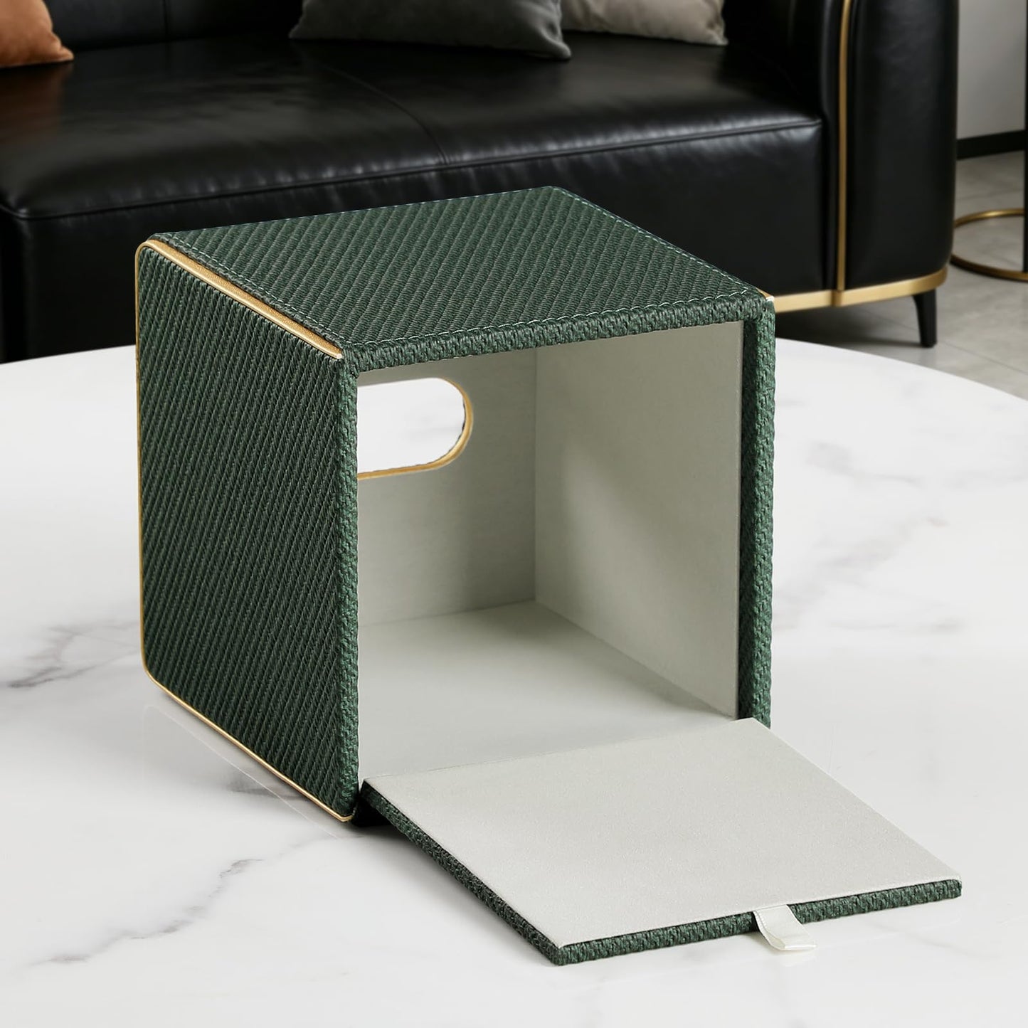 Square PU Leather Tissue Box Cover with Magnetic Closure, Decorative Tissue Holder & Storage Container for Bedroom, Living Room, Dining Room, Bathroom, Countertop, Desk (Square Dark Green Twill)