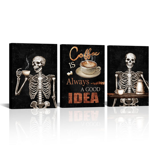 Zlove Skull Coffee Bar Wall Decor Funny Skeleton Signs Painting Prints Halloween Gothic Drinking Artwork for Kitchen, 12" x16, 3Pcs