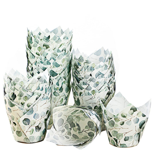 Funtery 200 Pcs Green Tulip Cupcake Liners Wrappers Tulip for Baking Eucalyptus Cupcake Liners Mini Baby Shower Baking Rustic Wedding Birthday Party Decorations for Bridal Shower Festival Party
