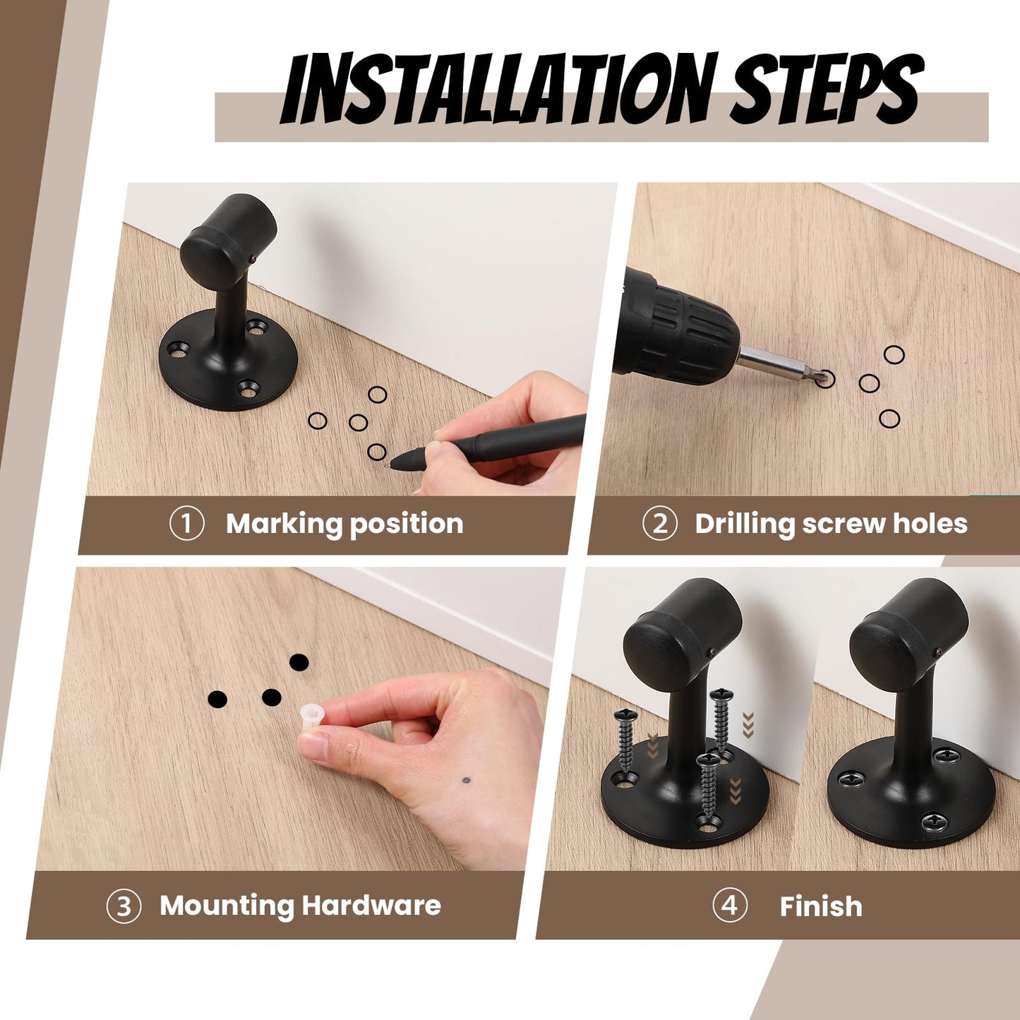Otoolling 4 Pack Heavy Duty Floor Mounted Door Stops, 3 Inches Solid Brass Bumper Stop Commercial Grade Solid Brass Door Stopper Accessories with Rubber Bumper and Stainless Steel Screws, Matte Black