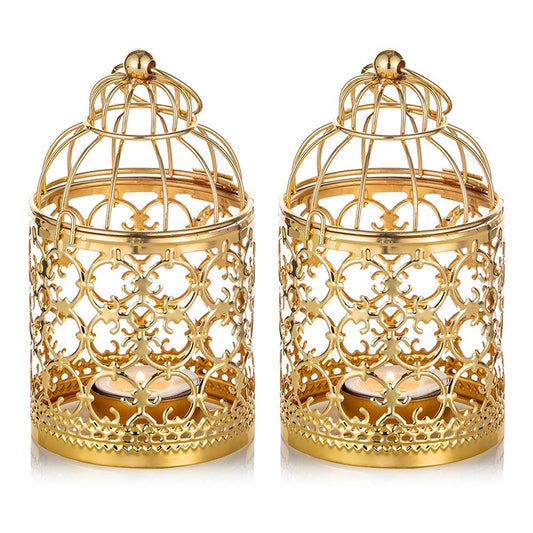 2 Pcs Small Metal Tealight Hanging Birdcage Lantern, Vintage Decorative Centerpieces of Wedding, Party, Gold