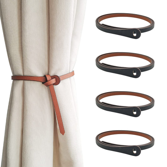 4 PCS Leather Curtain Rope Tiebacks,Curtain Tie Drapes Curtain Holdbacks Curtain Ring Clips Vintage Style Curtain Tie Backs Curtain Buckle for Home Decorations (Brown and Black)