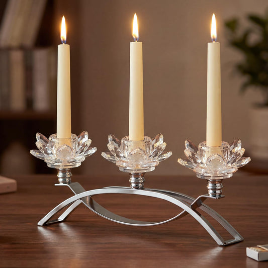 Crystal Lotus Taper Candle Holders, 3 Arms Metal Crystal Candlesticks, Decorative Flower-Shaped Candle Holders for Dining Table Centerpiece, Wedding, Home & Holiday Decor (Clear, 3 Arm)