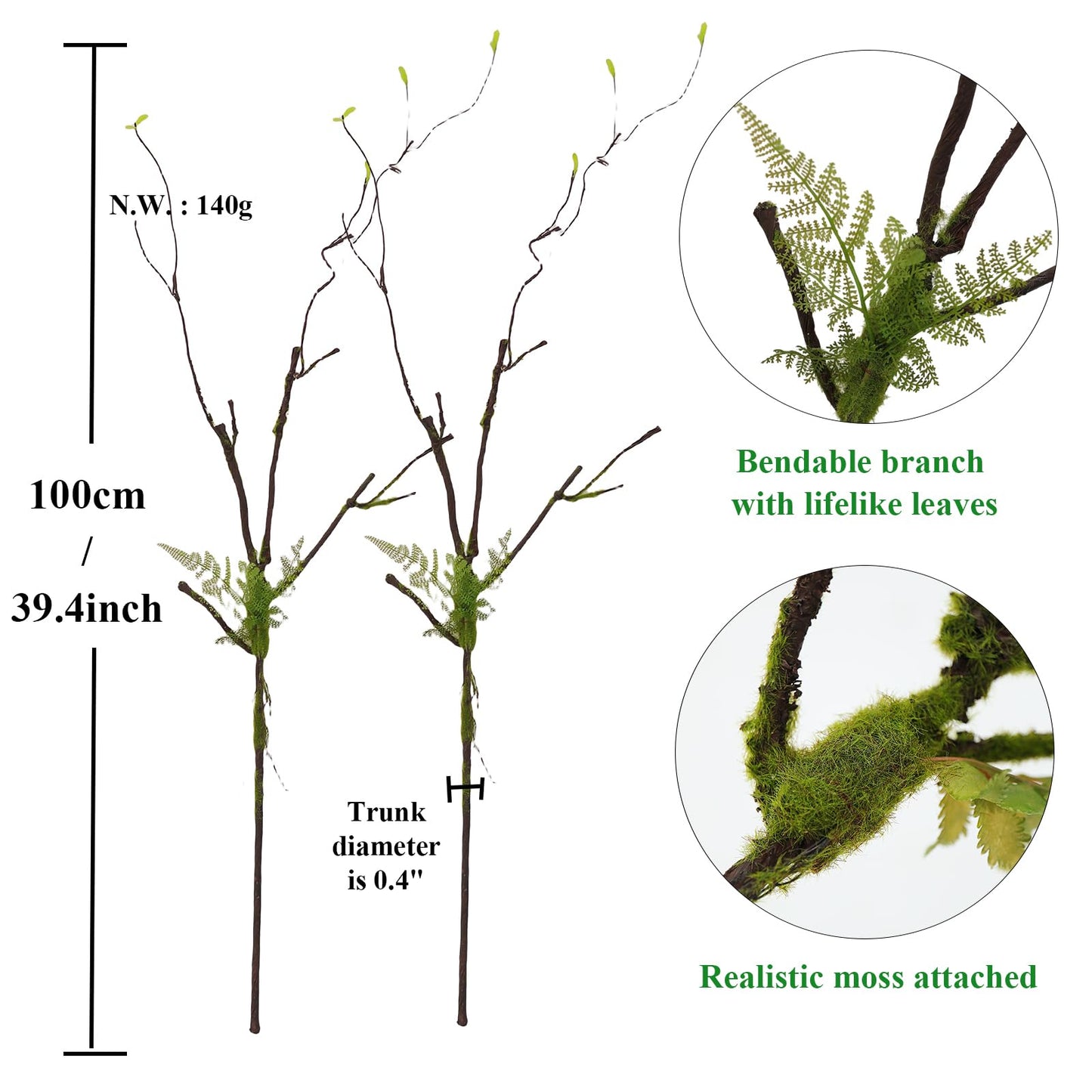 2pcs 40inch Bendable Faux Branch Vine Moss Greenery For Vase Wall decor