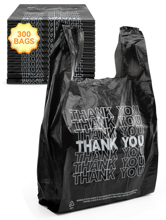 UMT Plastar 300 Count Thank You Bags, 12 x 6 x 22 in, 15 Mic Black Grocery Bags