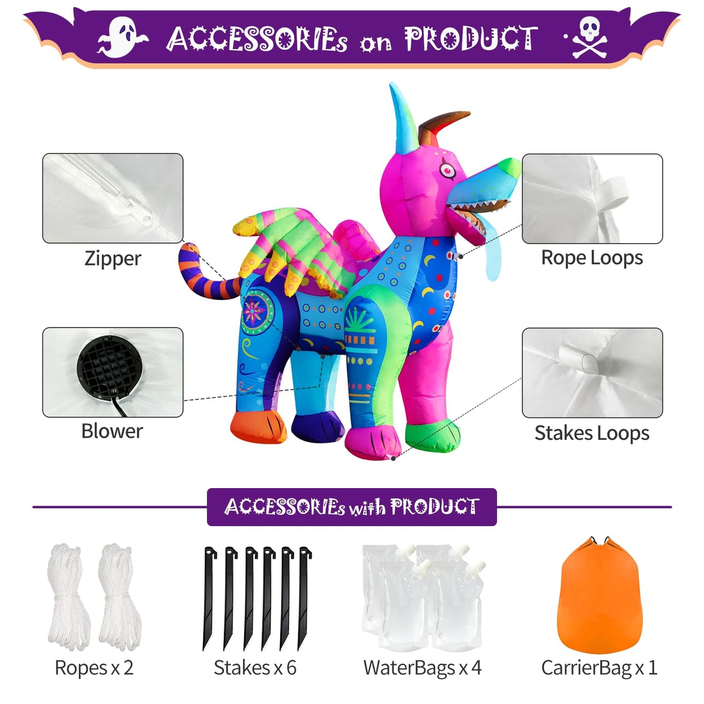 DomKom 6FT Halloween Inflatable Blow Up Decorations, Dia de Los Muertos Day of Dead Alebrije, Built-in LEDs for Holiday Party, Garden, Lawn, Yard, Patio Décor
