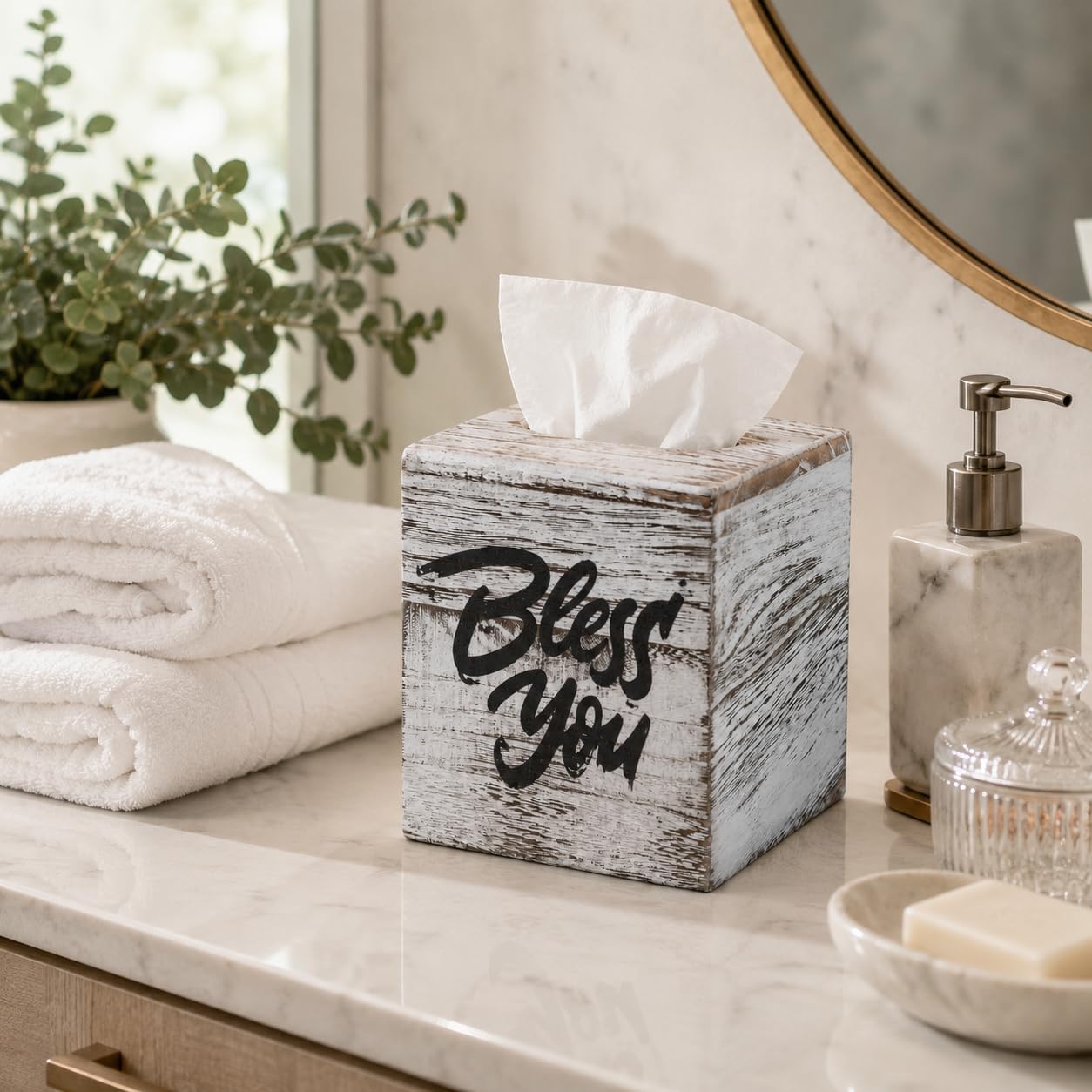 Wood Tissue Box Cover, Square Bless You Tissue Holder, Decorative Tissue Dispenser for Bathroom, Living Room, Dining Table, 5.3" L x 5.3" W x 6.1" H