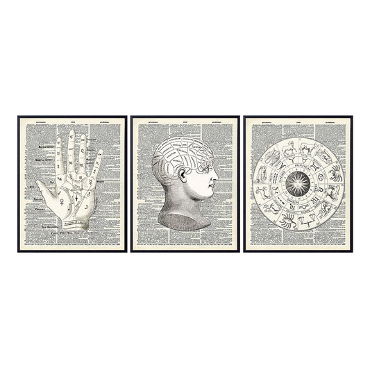 Mystical Occult Upcycled Dictionary Home Decor Set - 8x10 Vintage Wall Art - Unique Shabby Chic Gift for Astrology, Zodiac Sign, Palm Reading, Palmistry, Phrenology, Tarot Fan, Psychic, Fortune Teller