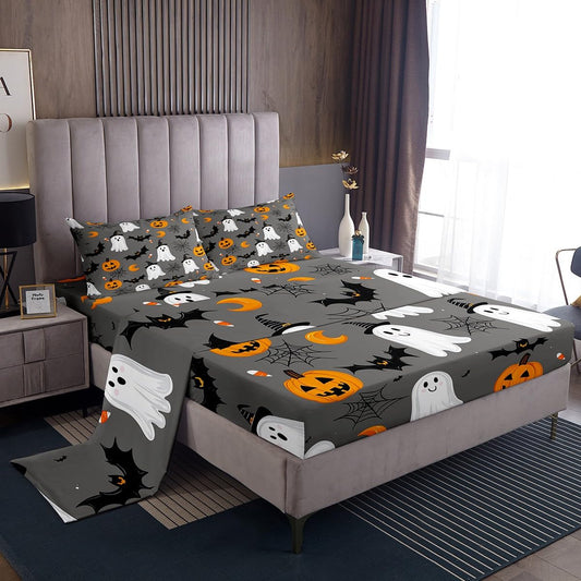 Feelyou Happy Halloween Bed Sheets Set Queen Size Cute Ghost Bedding for Kids Teens Pumpkin Lantern Bat Spider Cobweb Spooky Sheet with 16 Inch Deep Pockets Room Decor with 2 Pillow Case Soft 4Pcs