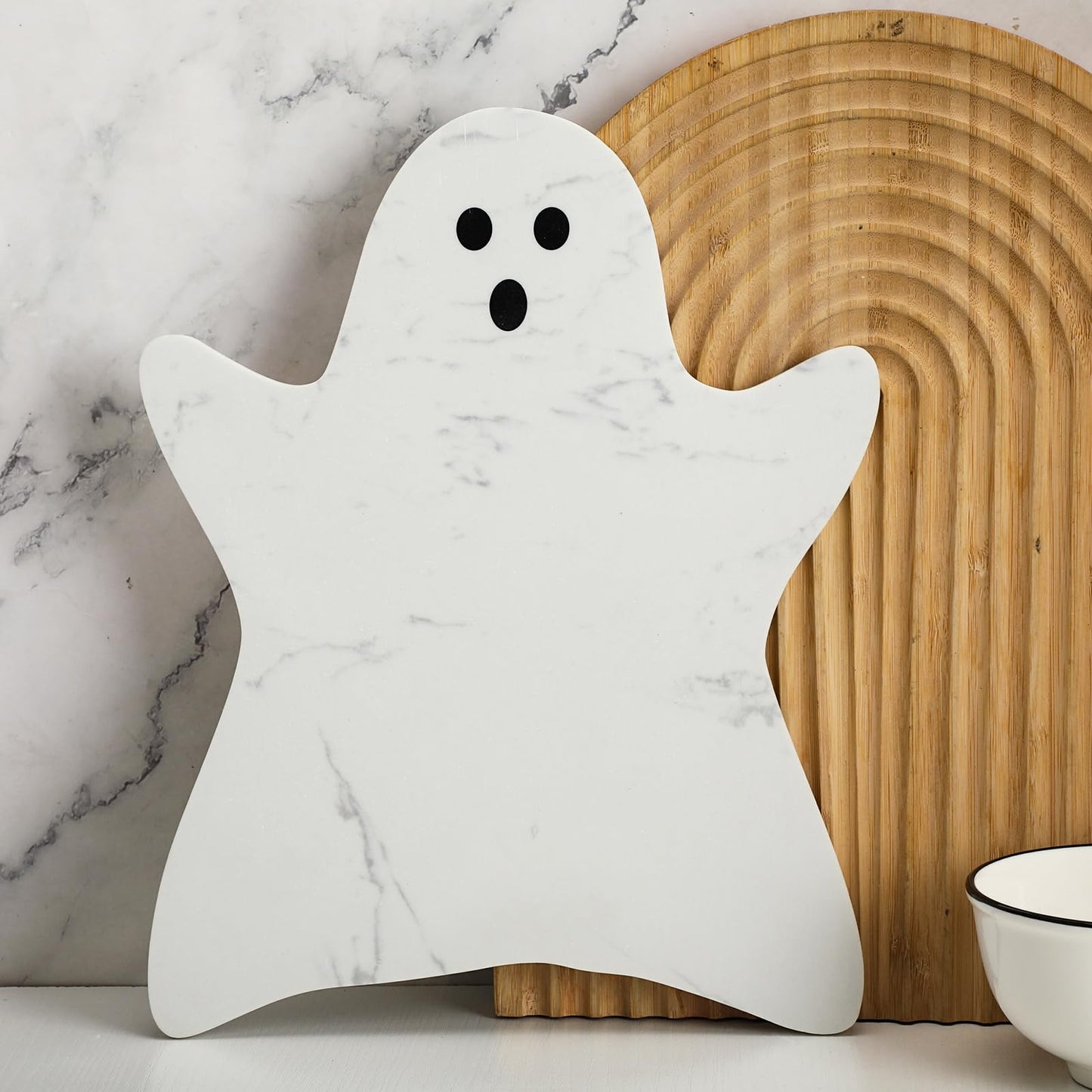 Reallnaive Halloween Ghost Marble Cheese Board, 11.8 x 9.8 Inch White Marble Charcuterie Board Decorative Serving Tray for Halloween Cheese, Appetizers, Kitchen and Holiday