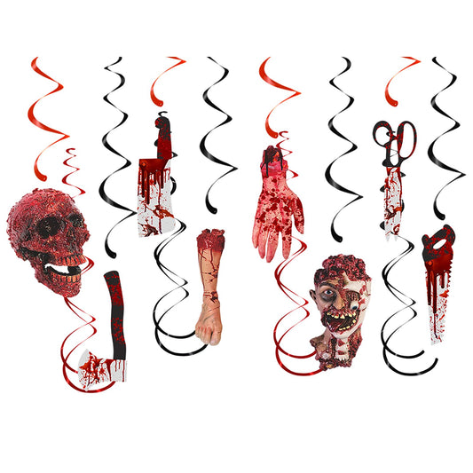 Halloween Bloody-Scary Indoor-Outdoor Party-Decoration Garland - 12pcs Creepy Skulls Zombie Skeleton Haunted House Swirl Streamers Banner,Window Fireplace Classroom Hanging Decor Lasting Surprise