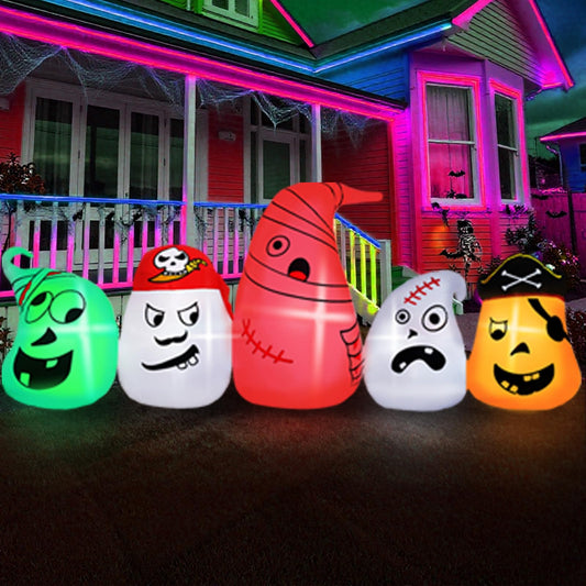 8FT Long Halloween Inflatable Ghost Outdoor Decoration, 5 Blow Up Pirate Ghosts Inflatable Yard Decor with Color Changing LED Lights, Halloween Yard Decorations for Party Garden Lawn
