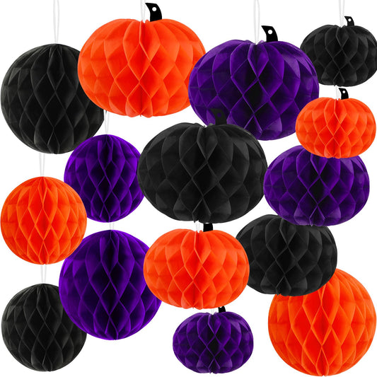 BOARDFEB 15Pcs Halloween Honeycomb Decorations, Orange Purple Black Pumpkin Paper Honeycomb Balls Halloween Hanging Ornaments for Party Favor Supplies