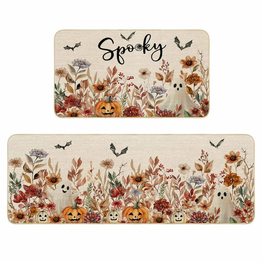 Mocsicka Halloween Kitchen Mats Set Spooky Ghost Pumpkin Kitchen Rug Gothic Floral Spider Bats Kitchen Mat for Halloween Kitchen Decor Non-Slip Washable Ghost Rug, 17 X 29 and 17 X 47 Inch