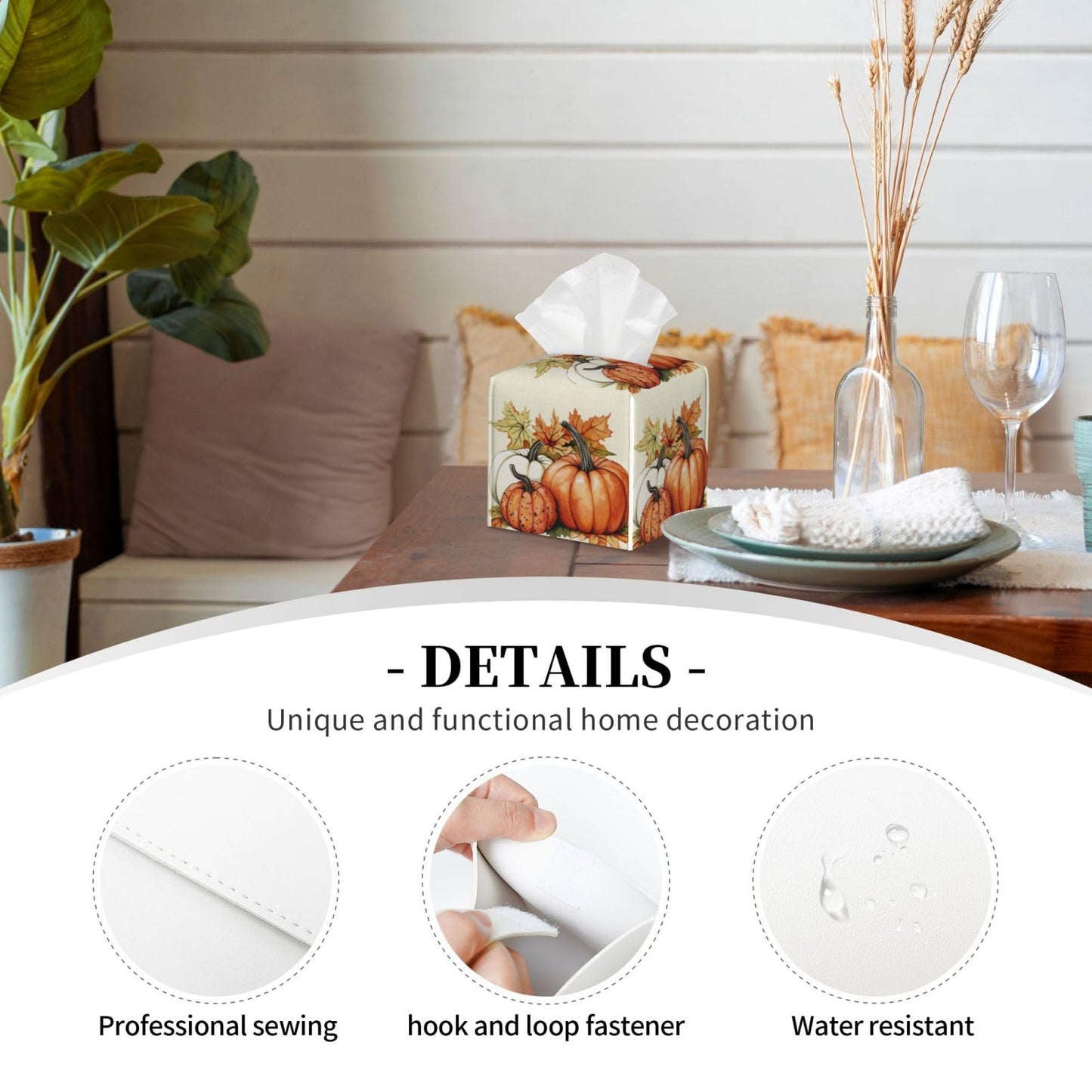 Pumpkins Fall Tissue Box Cover Autumn Leaves Square Leather Tissue Case Holder Facial Paper Organizer Decorative for Tabletop Night Stands Desk Bathroom Kitchen Car Office Home Decor