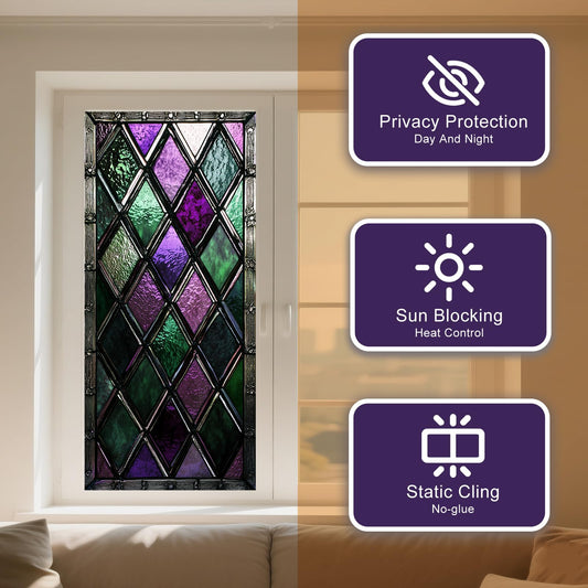 IVN Privacy Window Film Stained Glass Window Cling Purple Green Diamond Pattern Decorative Static Cling Window Sticker for Bathroom Kitchen Entry Door 17.7 x 39.3 Inch