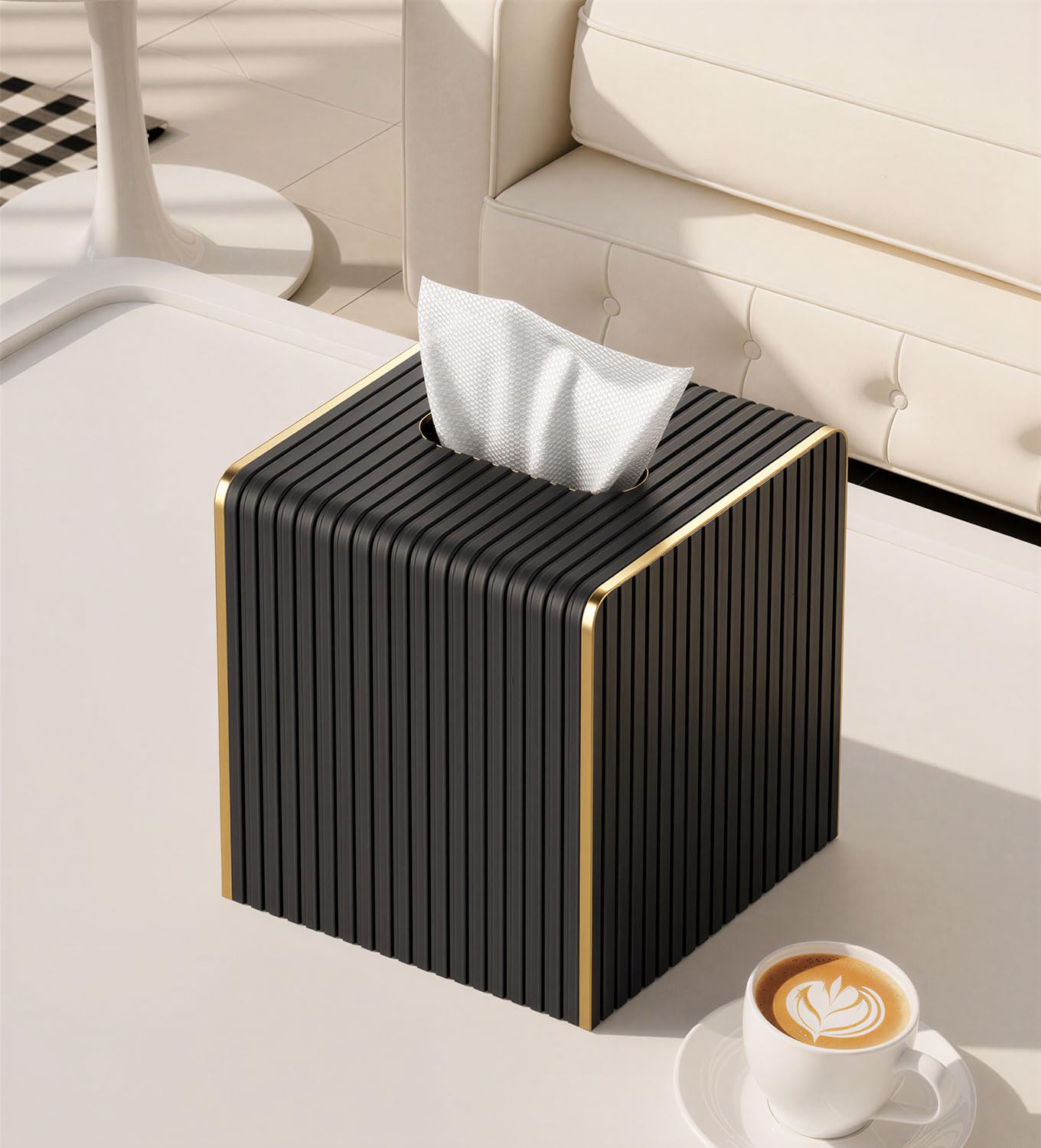Tissue Box Cover Square with Magnetic Closure, PU Leather Tissue Box Holder with Gold-Tone Edging for Bathroom Vanity Countertop Night Stands Bedroom Office Desk, Modern Home Decor (Blacks)