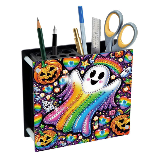 MVVMTOP Diamond Painting Pen Holder Kit Halloween Rainbow ghost and pumpkin Theme Acrylic Desk Organizer DIY Diamond Art Special Shape Pencil Holder for Office Home Decoration Holiday Gift