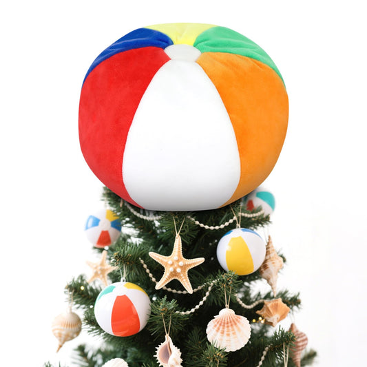 Summer Beach Ball Tree Topper, 8” Rainbow Beach Ball Tree Decor, Plush Stuffed Summer Tree Topper for Christmas in July Pool Beach Luau Hawaiian Themed Tropical Party