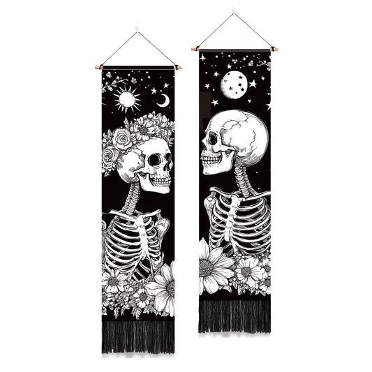 PLIGREAT 2 Pack Skull Long Tapestry Aesthetic Black and White Skeleton Wall Hanging with Tassels Sun Moon Tapestry for Bedroom Bathroom Living Room Long Narrow Wall Hanging Home Art Decor