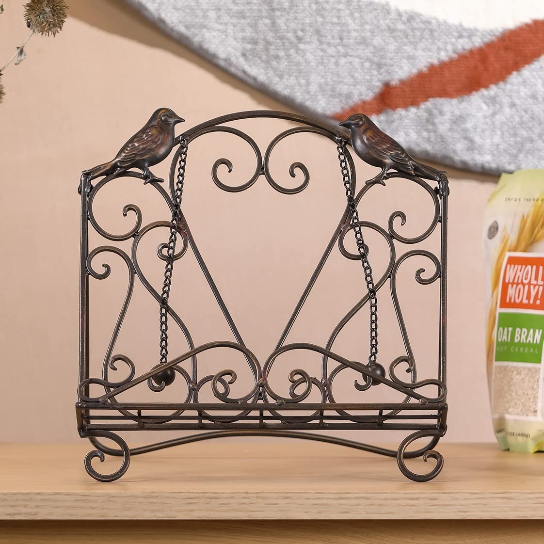MOCOME Metal Cookbook Stand Clearance Recipe Book Holder for Kitchen (Birds/Vintage Scrolls, Bronze)