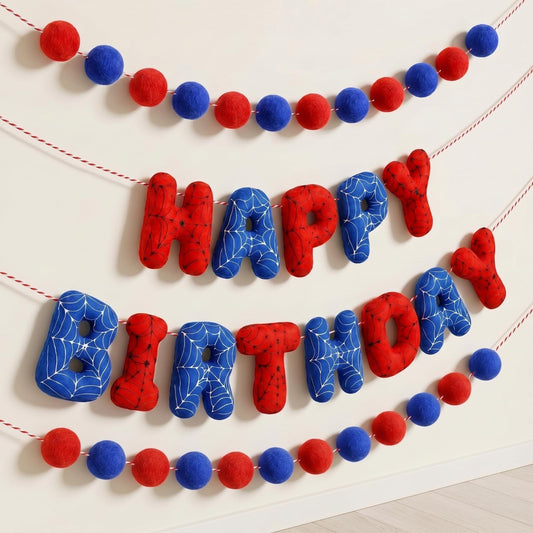 Pre-strung 3D Spider Happy Birthday Banner with Pom Pom Garland Reusable Spider Web Felt Sign for Cartoon Birthday Decorations Movie Hanging Bunting Party Supplies Photo Prop
