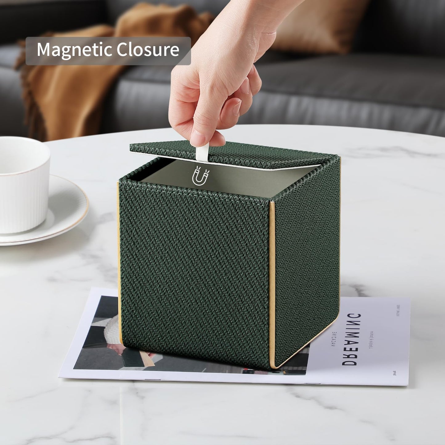 Square PU Leather Tissue Box Cover with Magnetic Closure, Decorative Tissue Holder & Storage Container for Bedroom, Living Room, Dining Room, Bathroom, Countertop, Desk (Square Dark Green Twill)