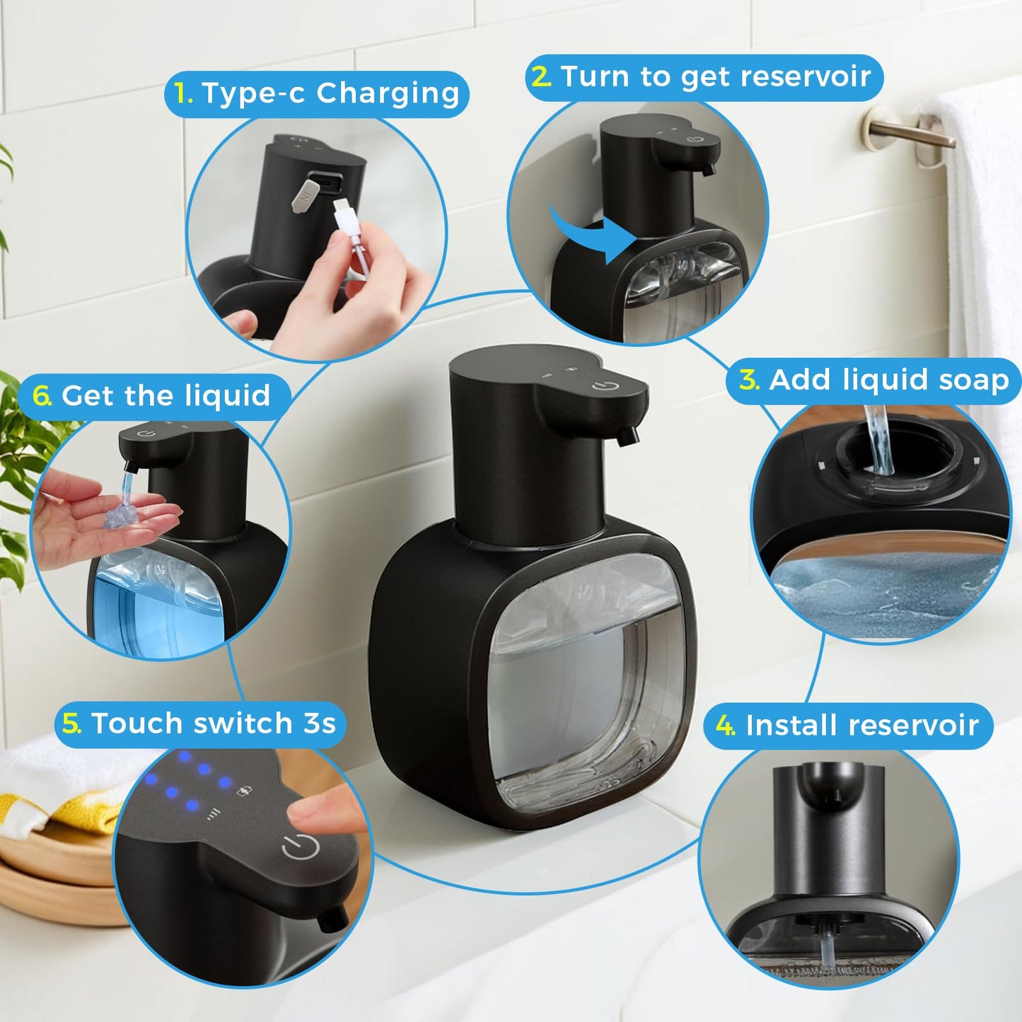 DODO MEKIA Automatic Liquid Soap Dispenser, 17oz/500ml Touchless Rechargeable with 4-Level Adjustable & IPX5 Waterproof - Level Display for Wall/Tabletop Use in Bathroom, Kitchen, Black