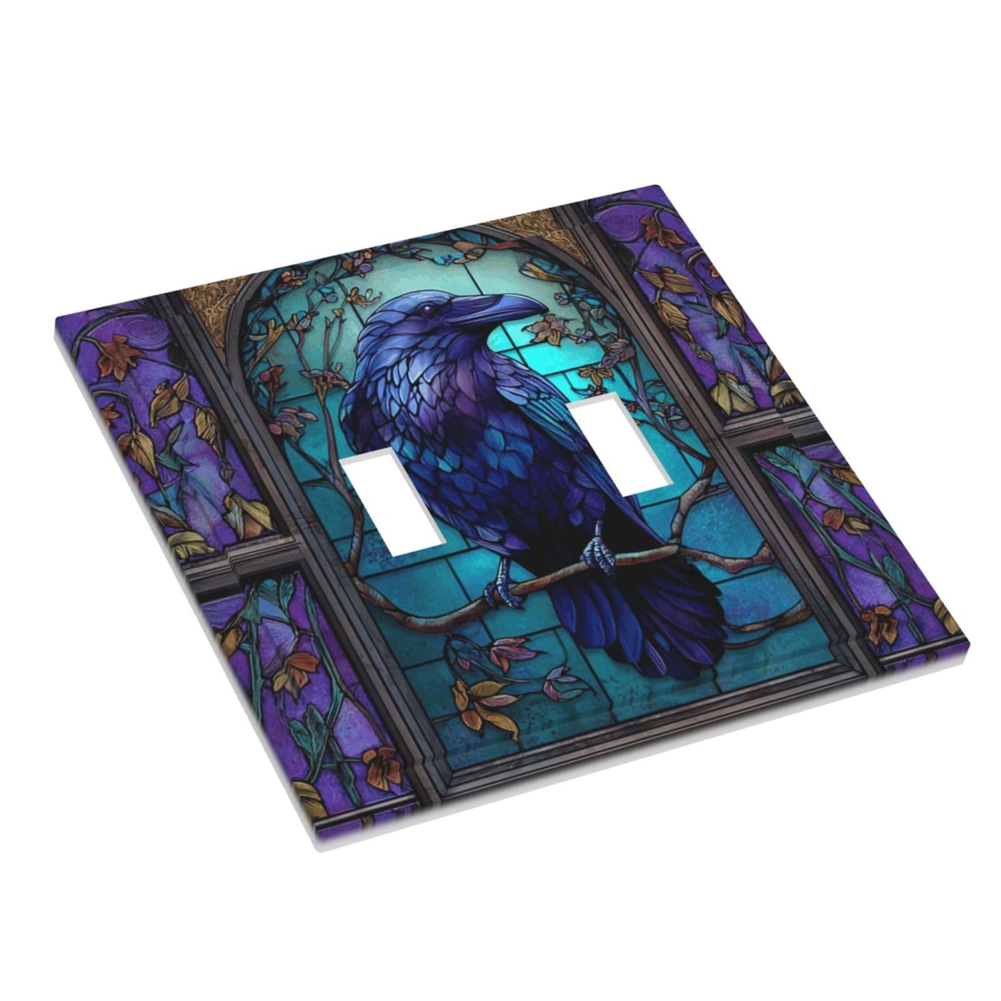 Stained Glass Crow On Tree Pattern Double Toggle Wall Plate Switch Decorative Panel Electrical Socket Plate Suitable For Bathroom Kitchen Living Room Bedroom